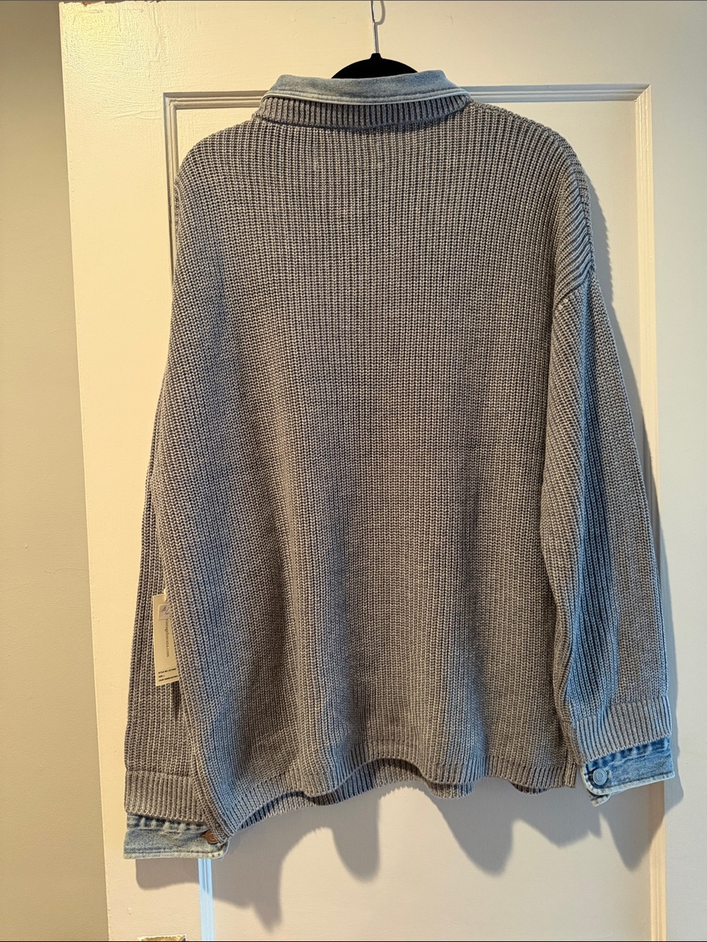 Vintage Havana Gray Ribbed Crewneck Sweater with Denim Collar & Cuffs Size L NWT - Picture 7 of 12